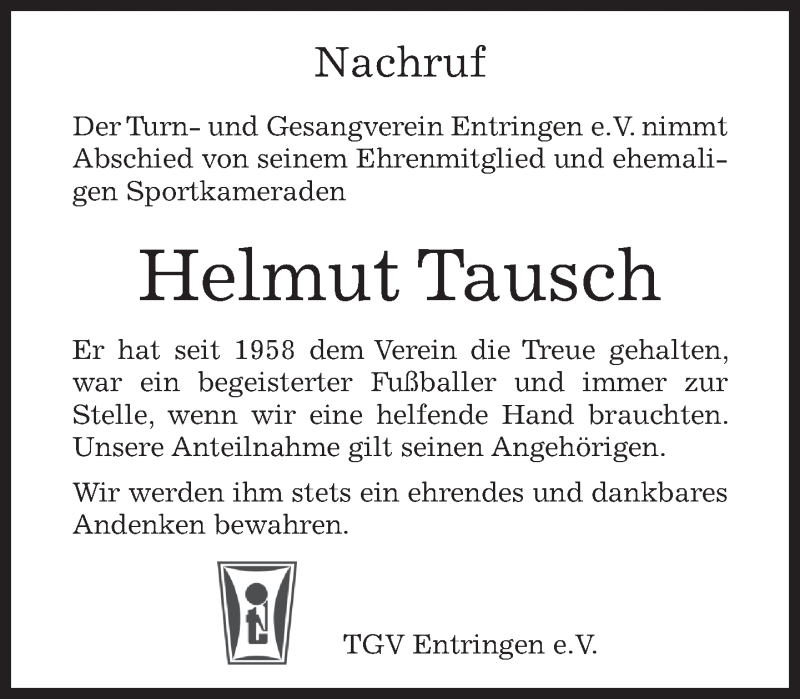  Traueranzeige für Helmut Tausch vom 21.09.2017 aus Kreiszeitung Böblinger Bote