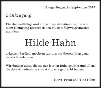 Traueranzeige von Hilde Hahn von Kreiszeitung Böblinger Bote