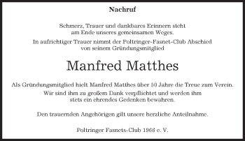 Traueranzeige von Manfred Matthes von Kreiszeitung Böblinger Bote