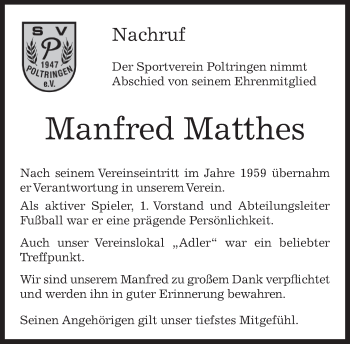 Traueranzeige von Manfred Matthes von Kreiszeitung Böblinger Bote