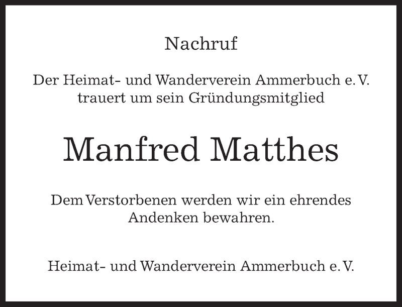  Traueranzeige für Manfred Matthes vom 21.09.2017 aus Kreiszeitung Böblinger Bote