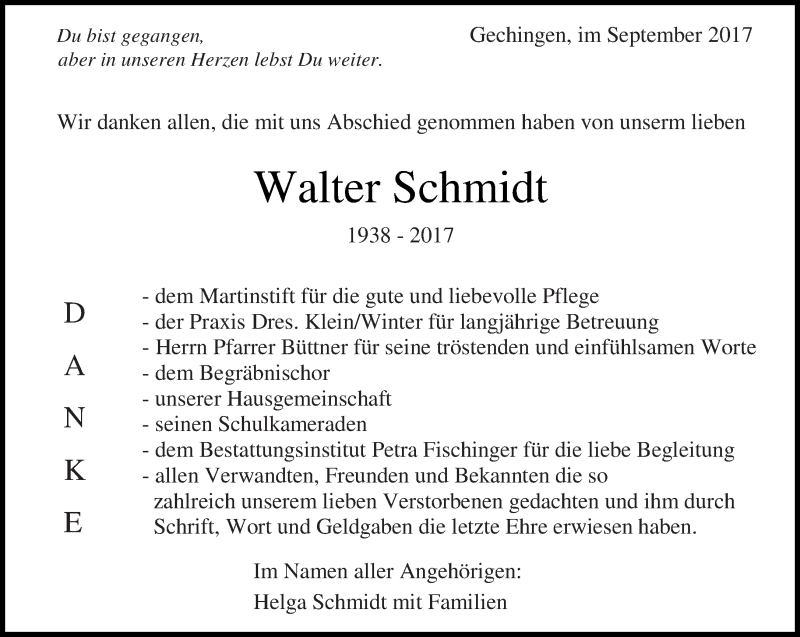  Traueranzeige für Walter Schmidt vom 13.09.2017 aus Kreiszeitung Böblinger Bote
