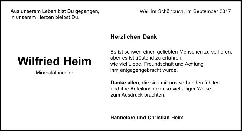  Traueranzeige für Wilfried Heim vom 30.09.2017 aus Kreiszeitung Böblinger Bote