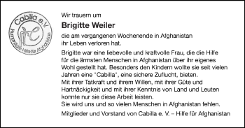 Traueranzeige von Brigitte Weiler von Kreiszeitung Böblinger Bote