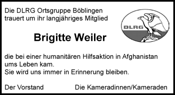Traueranzeige von Brigitte Weiler von Kreiszeitung Böblinger Bote
