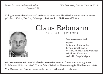 Traueranzeige von Claus Rebmann von Kreiszeitung Böblinger Bote