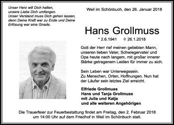 Traueranzeige von Hans Grollmuss von Kreiszeitung Böblinger Bote