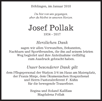 Traueranzeige von Josef Pollak von Kreiszeitung Böblinger Bote
