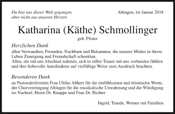 Traueranzeige von Katharina Schmollinger von Kreiszeitung Böblinger Bote