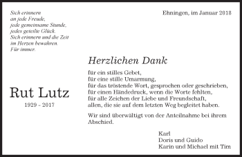 Traueranzeige von Rut Lutz von Kreiszeitung Böblinger Bote