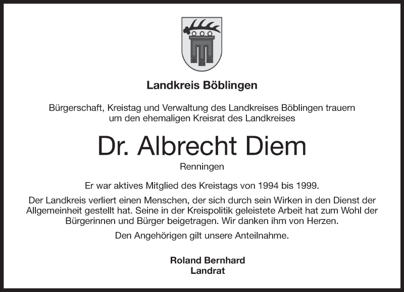  Traueranzeige für Albrecht Diem vom 11.10.2018 aus Kreiszeitung Böblinger Bote