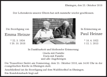Traueranzeige von Emma und Paul Heinze von Kreiszeitung Böblinger Bote