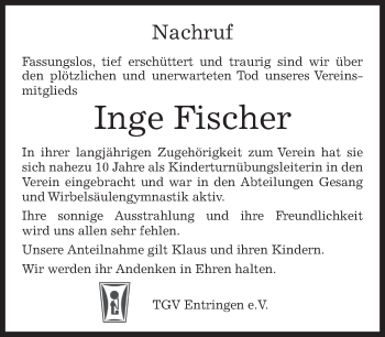 Traueranzeige von Inge Fischer von Kreiszeitung Böblinger Bote