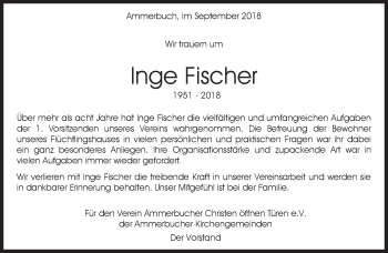 Traueranzeige von Inge Fischer von Kreiszeitung Böblinger Bote