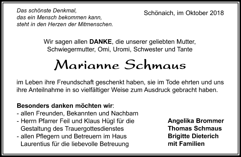 Traueranzeige für Marianne Schmaus vom 18.10.2018 aus Kreiszeitung Böblinger Bote