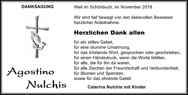  Traueranzeige für Agostino Nulchis vom 29.11.2018 aus Kreiszeitung Böblinger Bote