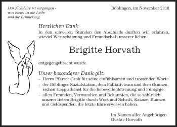 Traueranzeige von Brigitte Horvath von Kreiszeitung Böblinger Bote