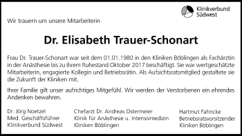 Traueranzeige von Elisabeth Trauer-Schonart von Kreiszeitung Böblinger Bote