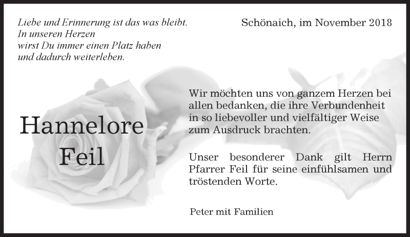  Traueranzeige für Hannelore Feil vom 22.11.2018 aus Kreiszeitung Böblinger Bote