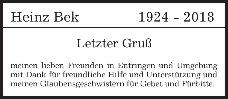  Traueranzeige für Heinz Bek vom 22.11.2018 aus Kreiszeitung Böblinger Bote