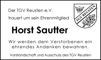 Traueranzeige von Horst Sautter von Kreiszeitung Böblinger Bote
