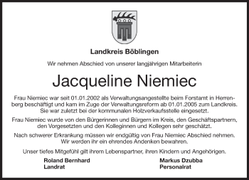 Traueranzeige von Jacqueline Niemiec von Kreiszeitung Böblinger Bote