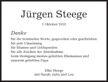 Traueranzeige von Jürgen Steege von Kreiszeitung Böblinger Bote