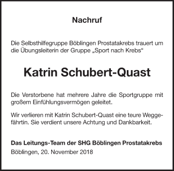 Traueranzeige von Katrin Schubert-Quast von Kreiszeitung Böblinger Bote