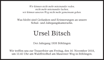 Traueranzeige von Ursel Bitsch von Kreiszeitung Böblinger Bote