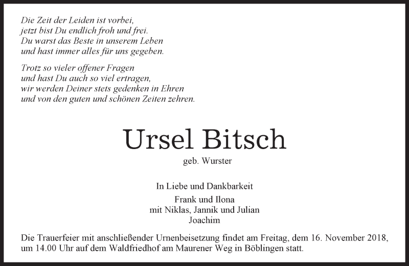  Traueranzeige für Ursel Bitsch vom 09.11.2018 aus Kreiszeitung Böblinger Bote
