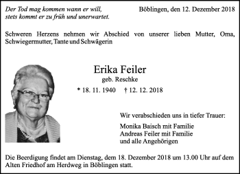 Traueranzeige von Erika Feiler von Kreiszeitung Böblinger Bote