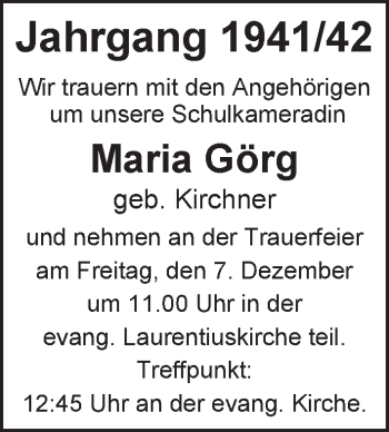 Traueranzeige von Maria Görg von Kreiszeitung Böblinger Bote
