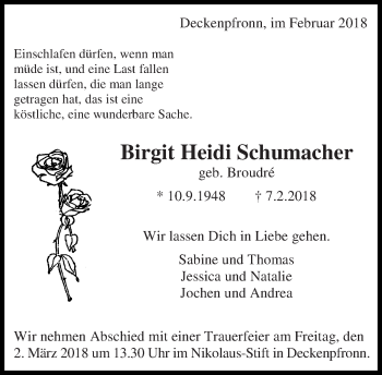 Traueranzeige von Birgit Heidi Schumacher von Kreiszeitung Böblinger Bote