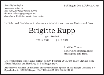 Traueranzeige von Brigitte Rupp von Kreiszeitung Böblinger Bote