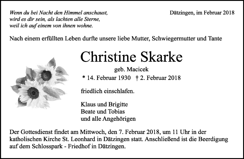  Traueranzeige für Christine Skarke vom 06.02.2018 aus Kreiszeitung Böblinger Bote