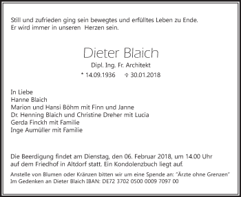 Traueranzeige von Dieter Blaich von Kreiszeitung Böblinger Bote