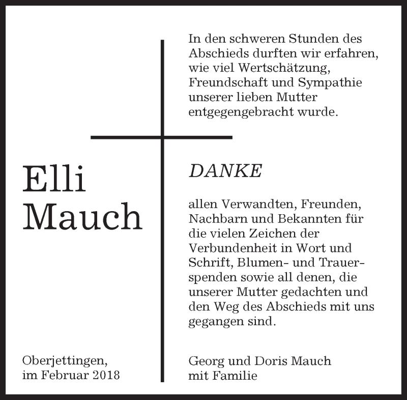  Traueranzeige für Elli Mauch vom 22.02.2018 aus Kreiszeitung Böblinger Bote