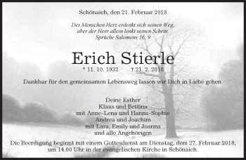 Traueranzeige von Erich Stierle von Kreiszeitung Böblinger Bote