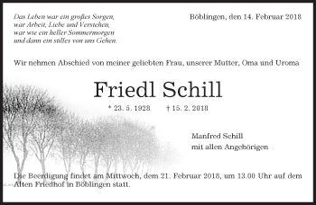 Traueranzeige von Friedl Schill von Kreiszeitung Böblinger Bote