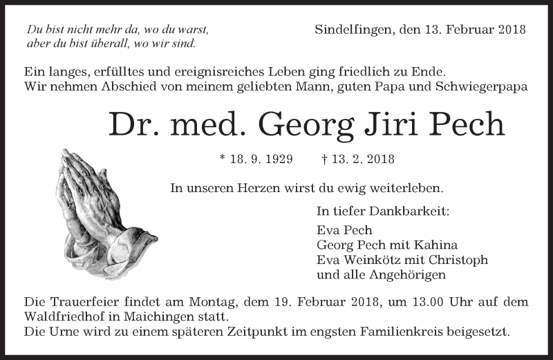  Traueranzeige für Georg Jiri Pech vom 17.02.2018 aus Kreiszeitung Böblinger Bote