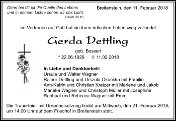 Traueranzeige von Gerda Dettling von Kreiszeitung Böblinger Bote