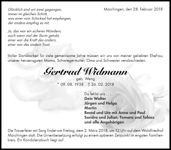 Traueranzeige von Gertrud Widmann von Kreiszeitung Böblinger Bote