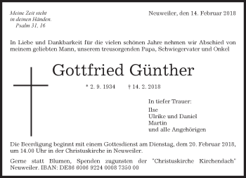 Traueranzeige von Gottfried Günther von Kreiszeitung Böblinger Bote