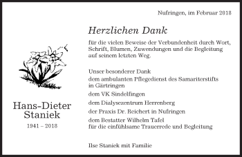 Traueranzeige von Hans-Dieter Staniek von Kreiszeitung Böblinger Bote