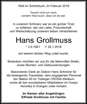 Traueranzeige von Hans Grollmuss von Kreiszeitung Böblinger Bote
