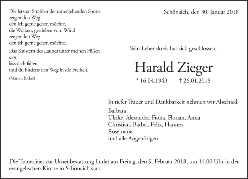  Traueranzeige für Harald Zieger vom 01.02.2018 aus Kreiszeitung Böblinger Bote