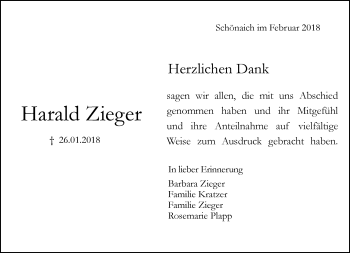 Traueranzeige von Harald Zieger von Kreiszeitung Böblinger Bote