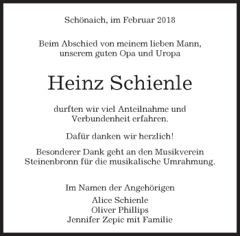 Traueranzeige von Heinz Schienle von Kreiszeitung Böblinger Bote
