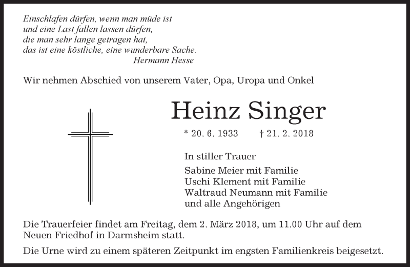  Traueranzeige für Heinz Singer vom 27.02.2018 aus Kreiszeitung Böblinger Bote