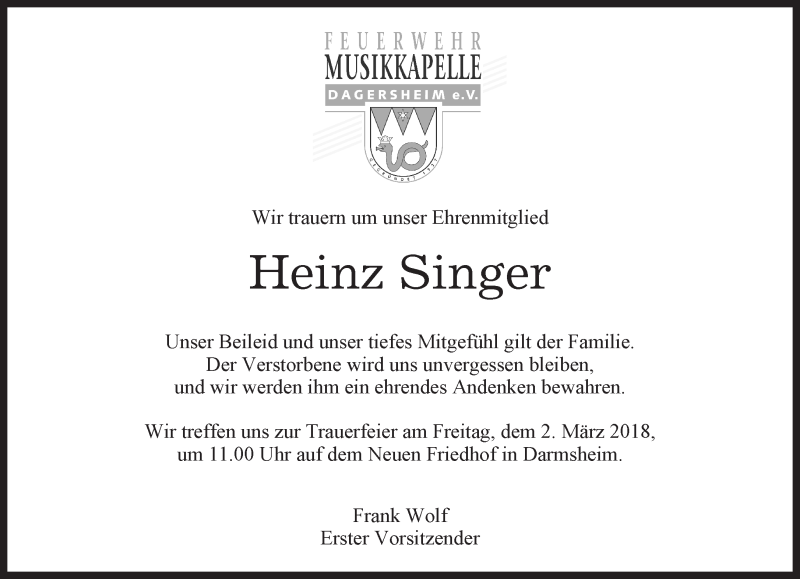  Traueranzeige für Heinz Singer vom 28.02.2018 aus Kreiszeitung Böblinger Bote